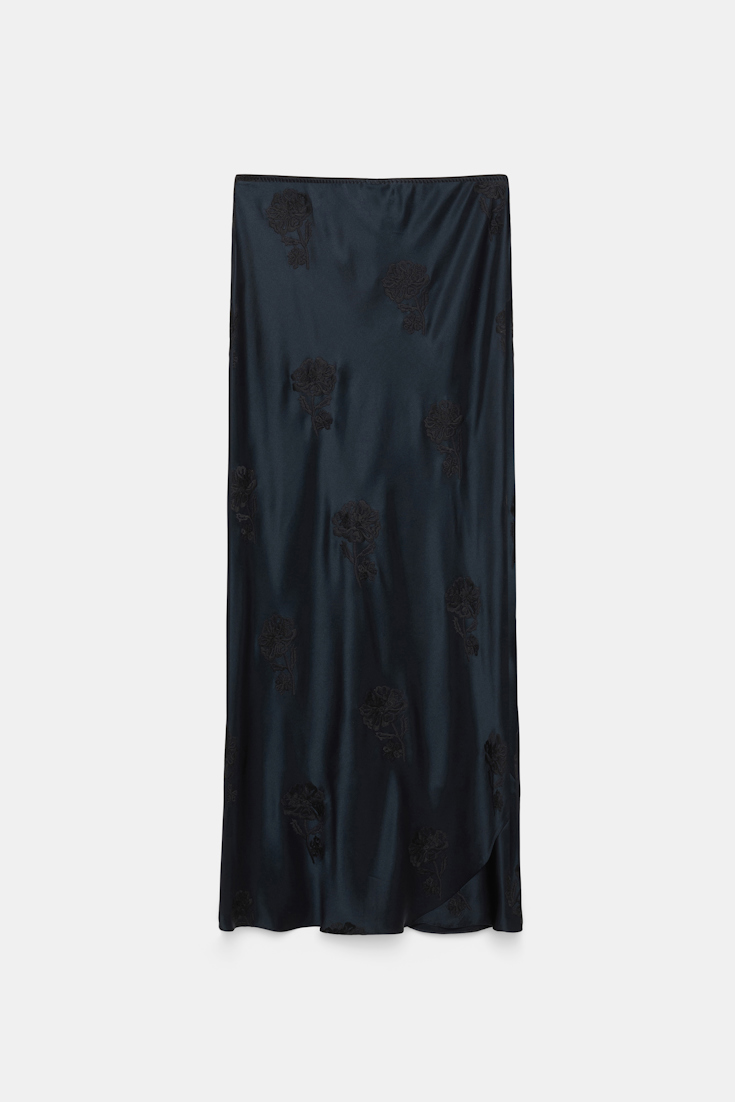 Dorothee Schumacher Embroidered flower silk-satin skirt satin embroidery navy/black