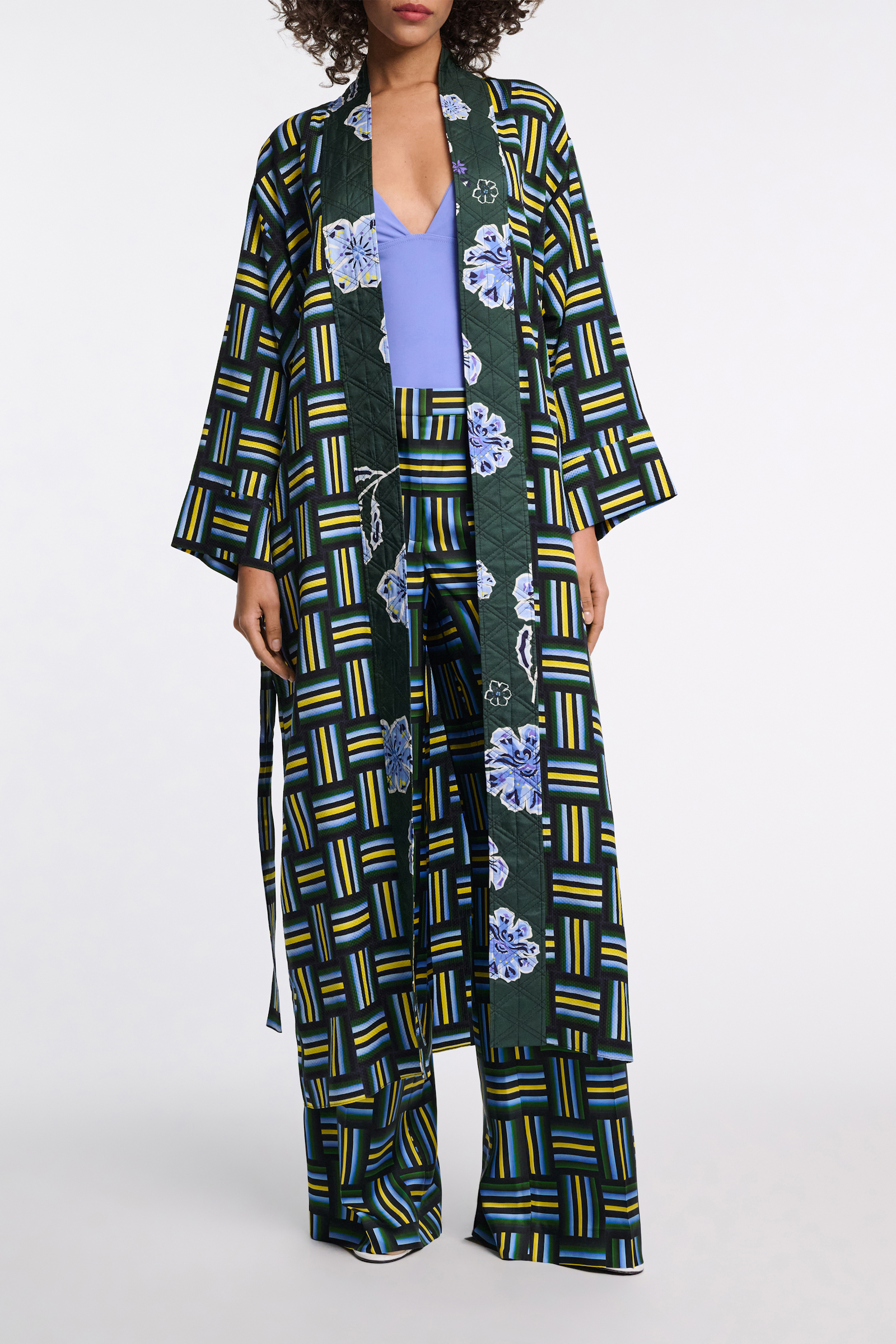 Dorothee Schumacher Printed silk twill wide leg pants weave mix blue-green