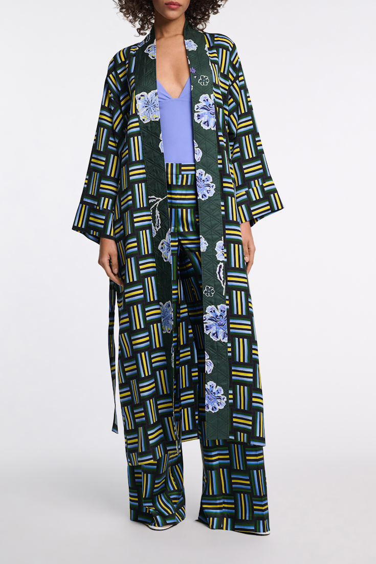 Dorothee Schumacher Printed silk twill wide leg pants weave mix blue-green