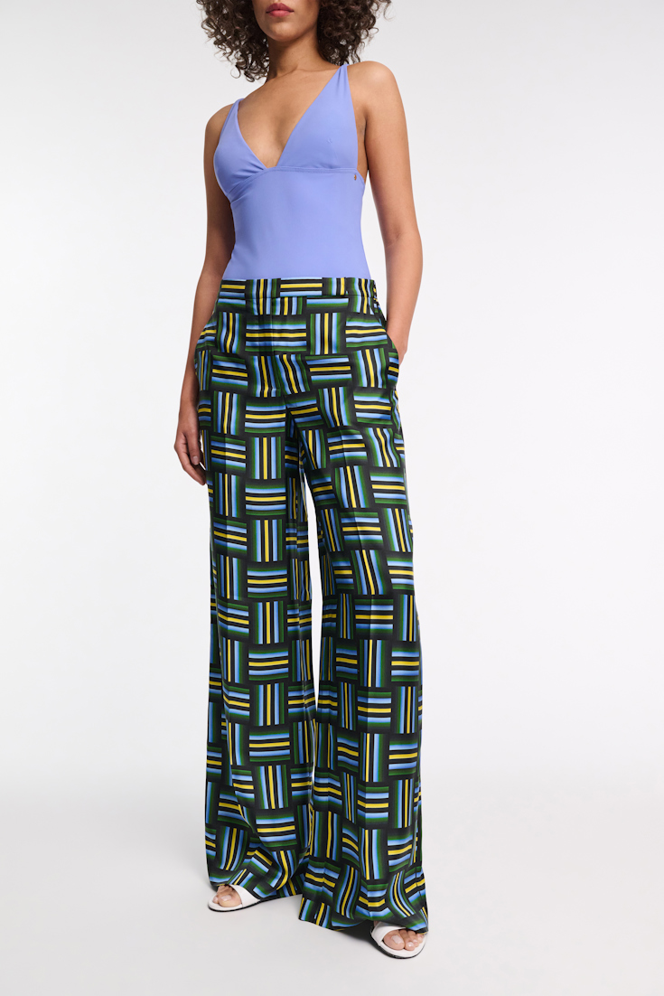 Dorothee Schumacher Printed silk twill wide leg pants weave mix blue-green