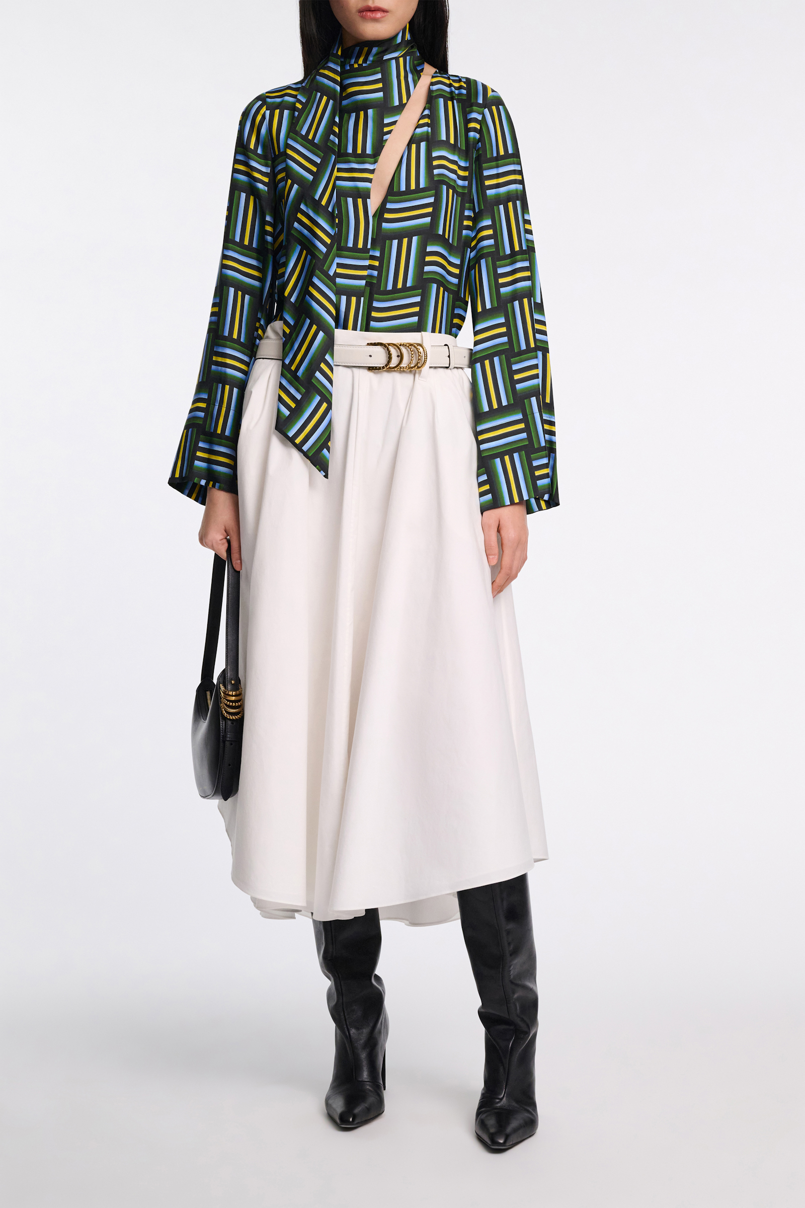 Dorothee Schumacher Printed silk twill blouse with draped scarf weave mix blue-green