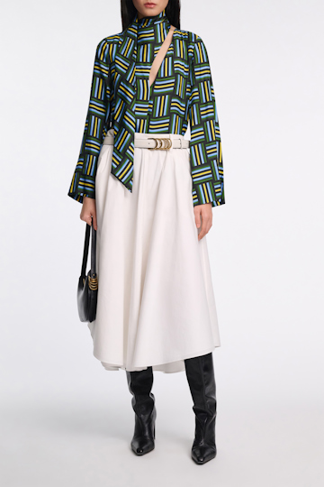 Dorothee Schumacher Printed silk twill blouse with draped scarf weave mix blue-green