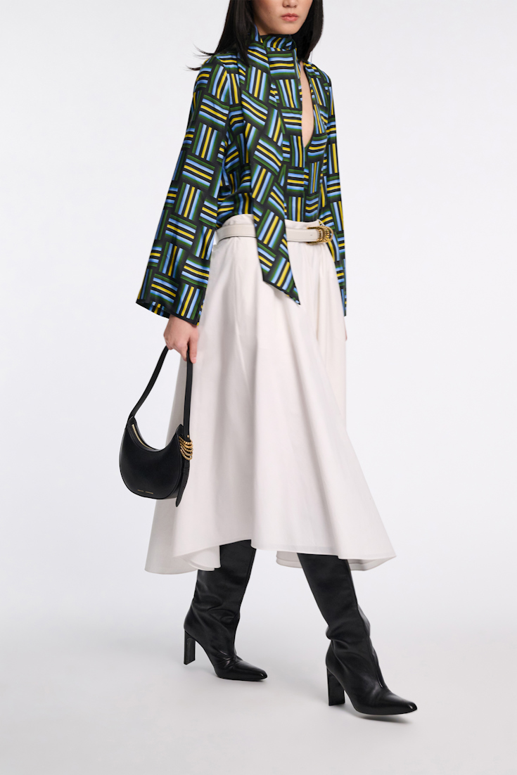 Dorothee Schumacher Printed silk twill blouse with draped scarf weave mix blue-green