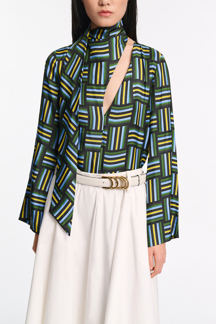 Dorothee Schumacher Printed silk twill blouse with draped scarf weave mix blue-green