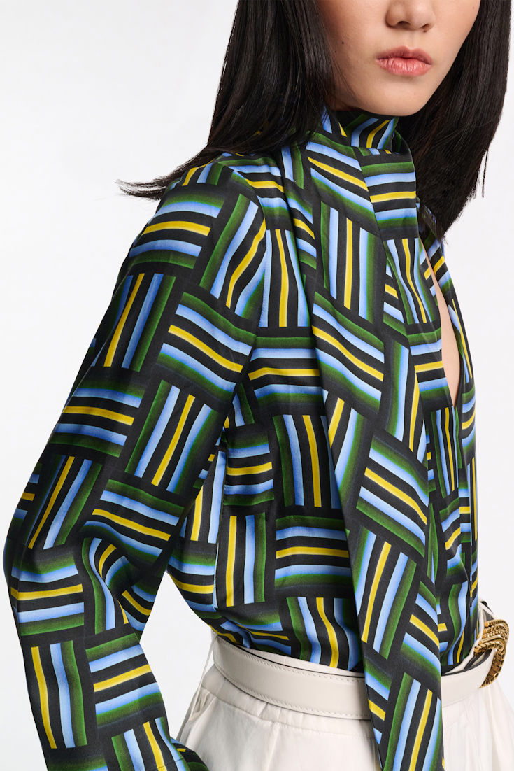 Dorothee Schumacher Printed silk twill blouse with draped scarf weave mix blue-green