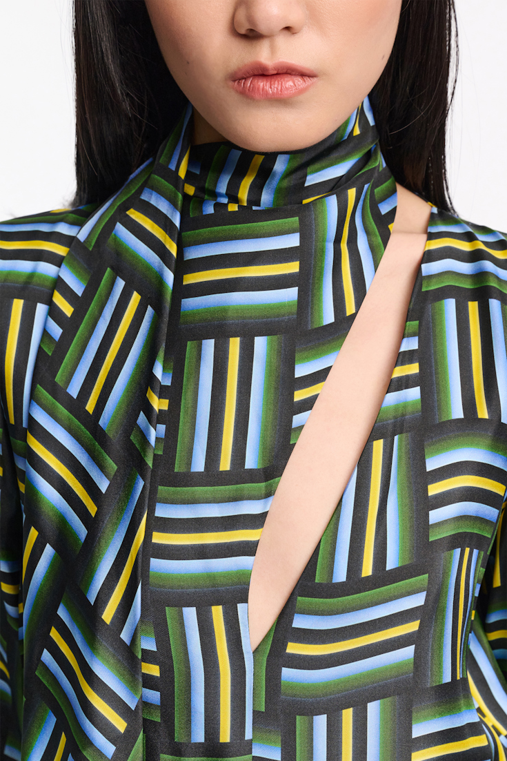 Dorothee Schumacher Printed silk twill blouse with draped scarf weave mix blue-green