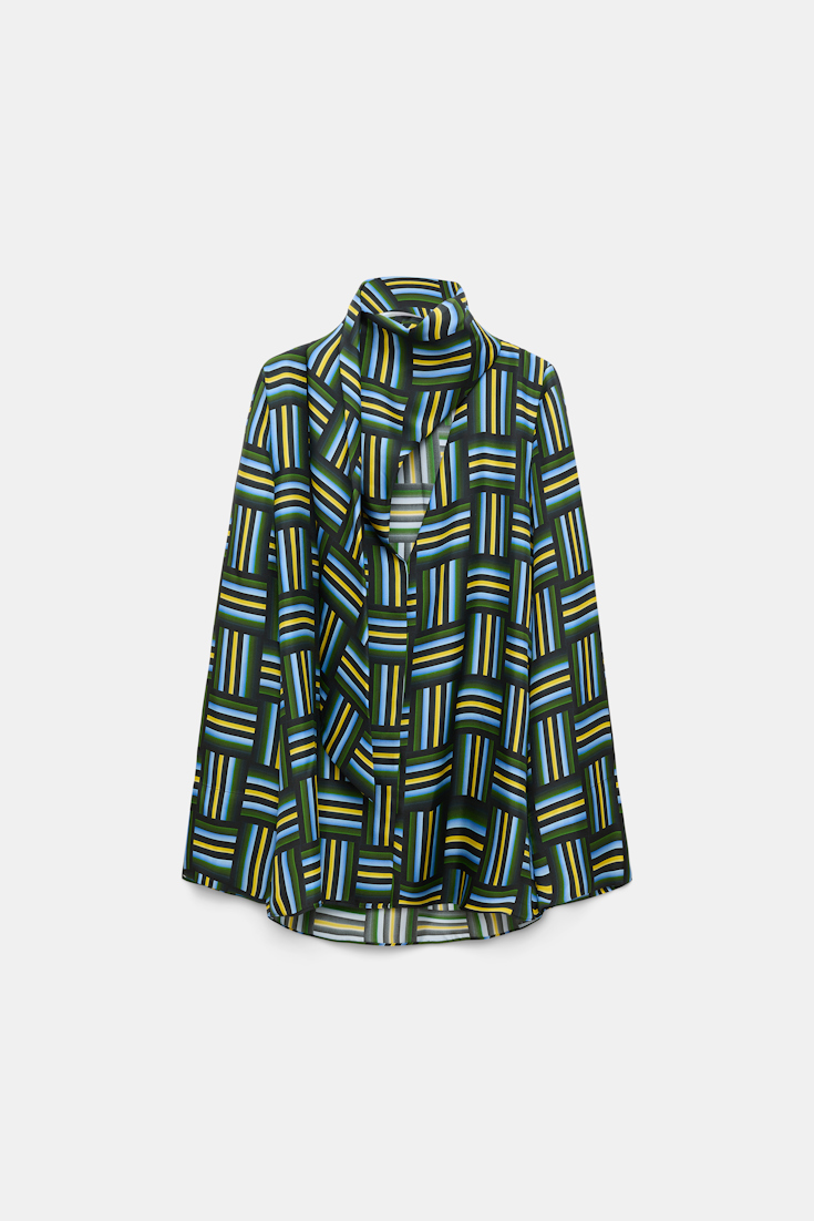 Dorothee Schumacher Printed silk twill blouse with draped scarf weave mix blue-green