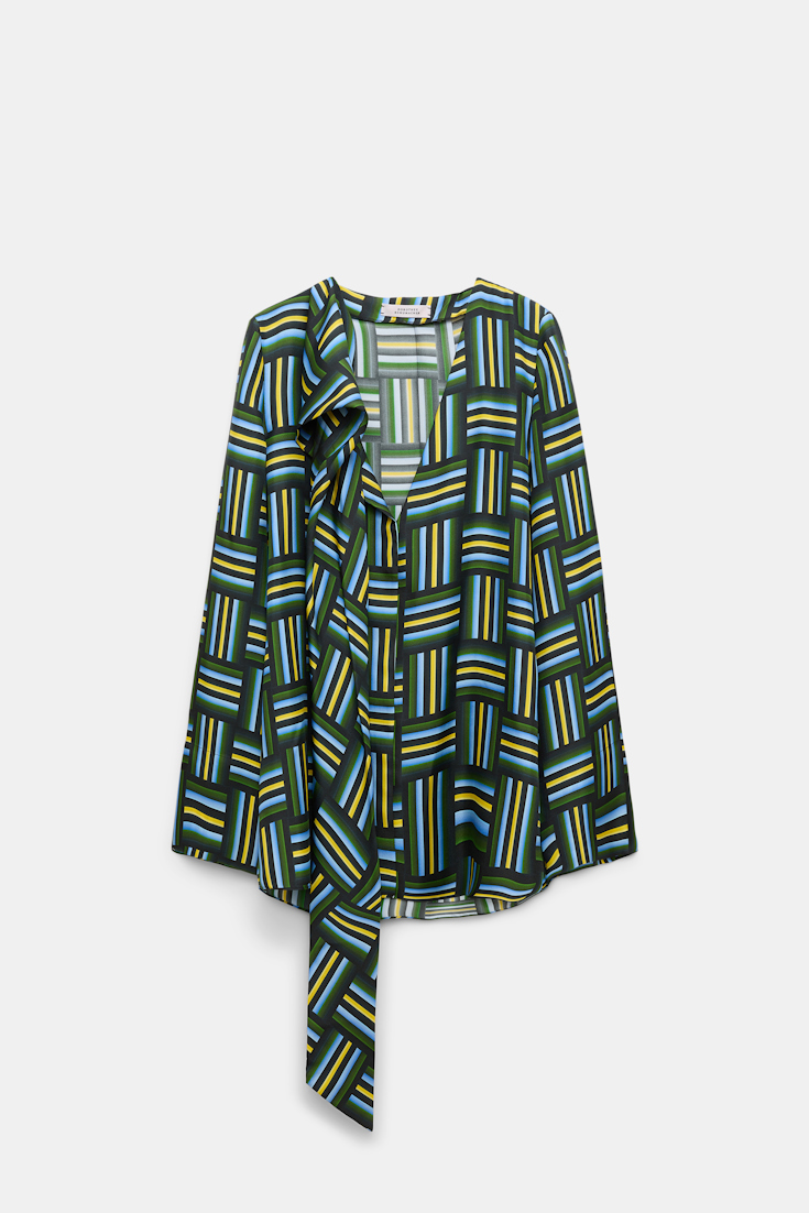 Dorothee Schumacher Printed silk twill blouse with draped scarf weave mix blue-green