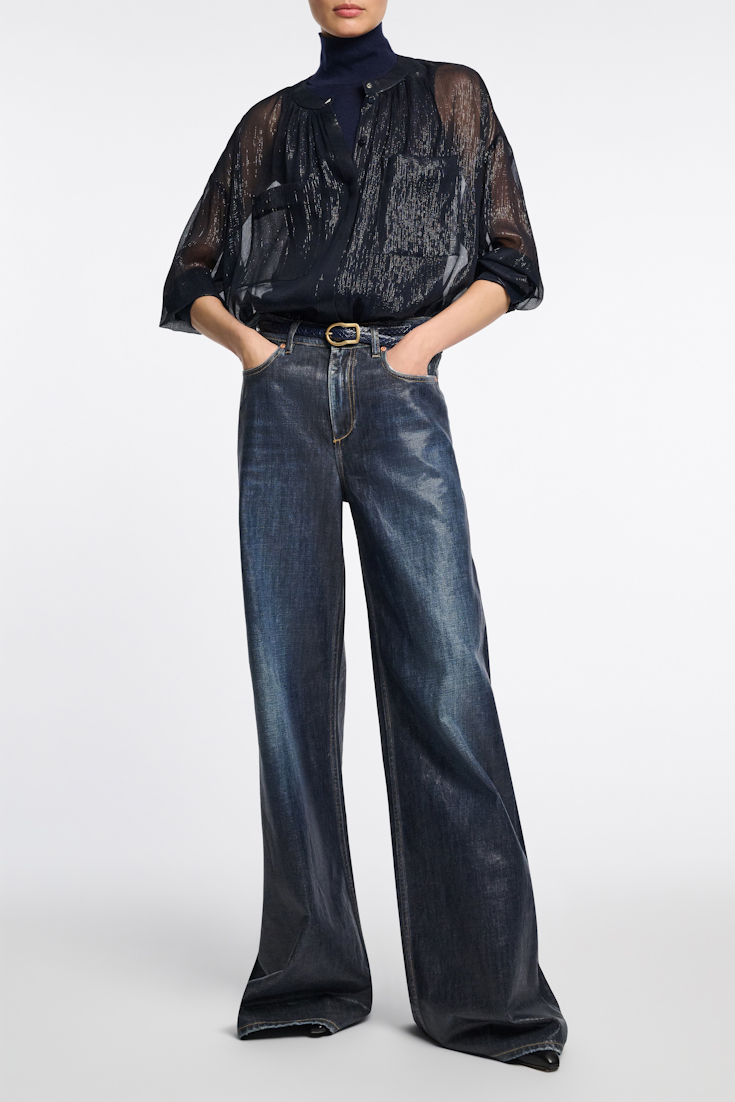 Dorothee Schumacher Boxy silk lamé chiffon blouse with pockets dark navy