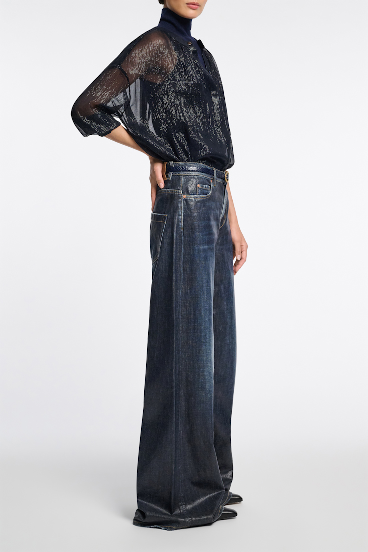 Dorothee Schumacher Boxy silk lamé chiffon blouse with pockets dark navy
