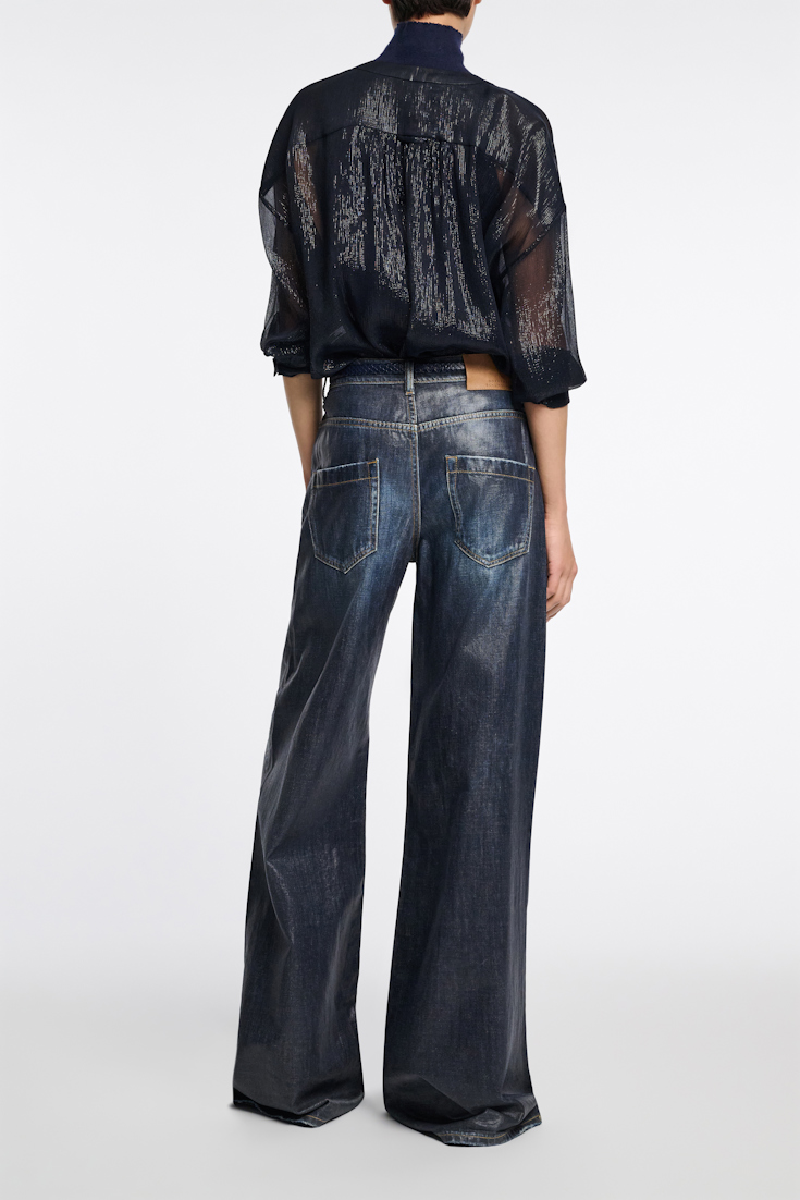 Dorothee Schumacher Boxy silk lamé chiffon blouse with pockets dark navy