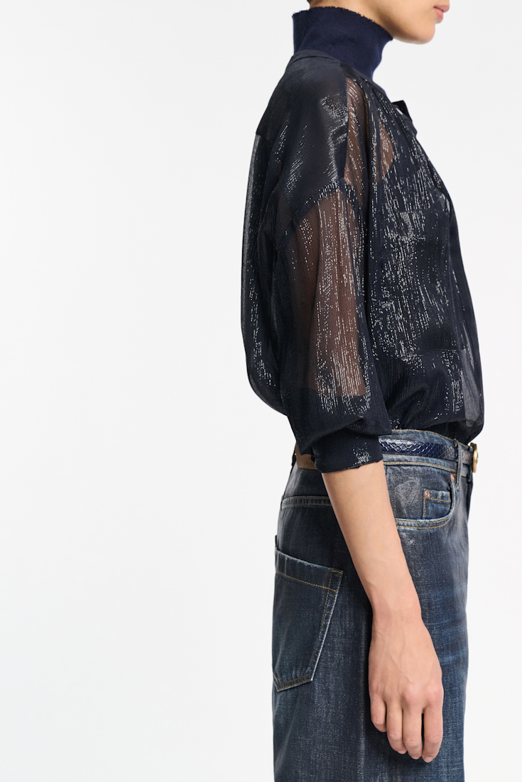 Dorothee Schumacher Boxy silk lamé chiffon blouse with pockets dark navy