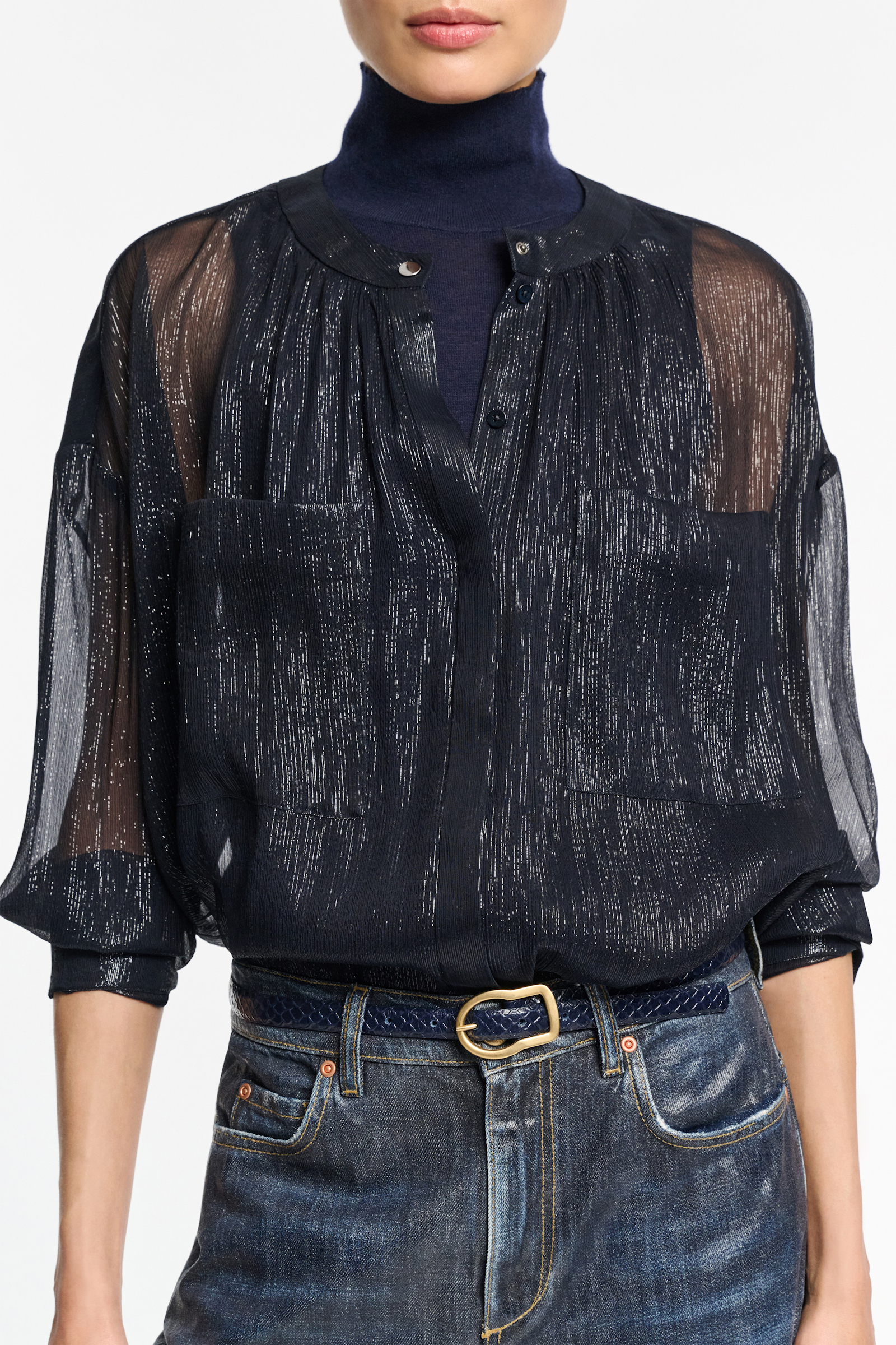 Dorothee Schumacher Boxy silk lamé chiffon blouse with pockets dark navy