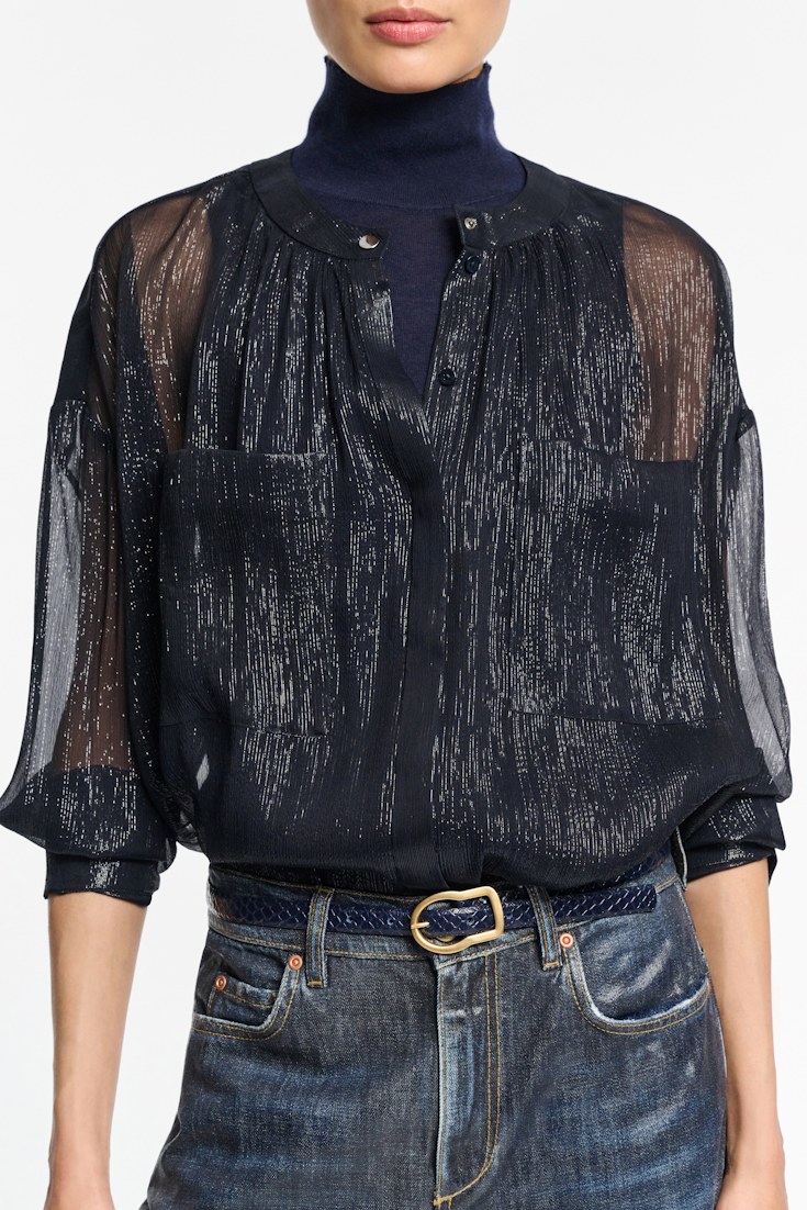 Dorothee Schumacher Boxy silk lamé chiffon blouse with pockets dark navy