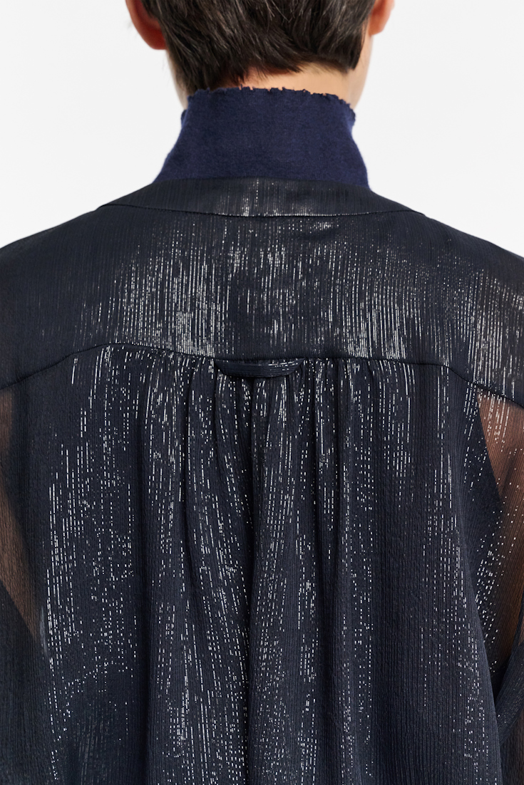 Dorothee Schumacher Boxy silk lamé chiffon blouse with pockets dark navy