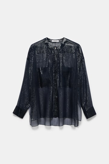 Dorothee Schumacher Boxy silk lamé chiffon blouse with pockets dark navy