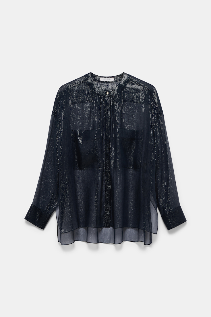 Dorothee Schumacher Boxy silk lamé chiffon blouse with pockets dark navy