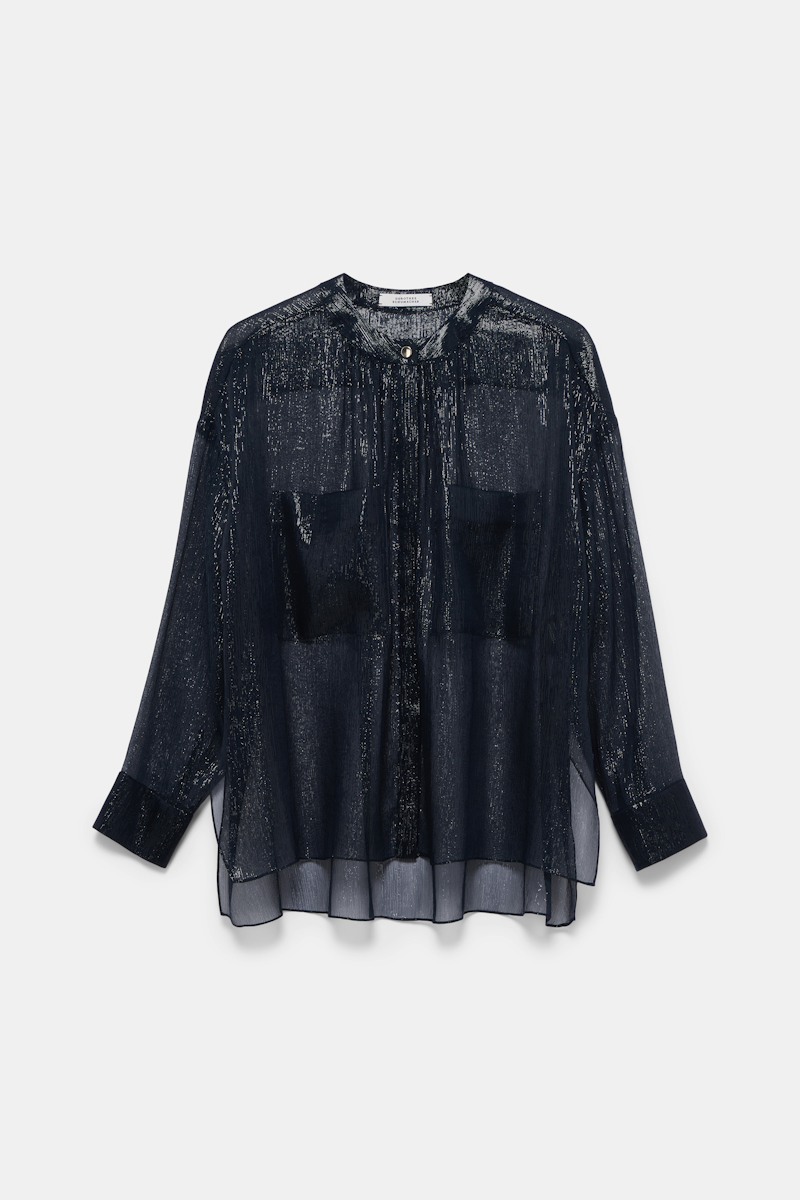 Shop Dorothee Schumacher Boxy Silk Lamã© Chiffon Blouse With Pockets In Blue