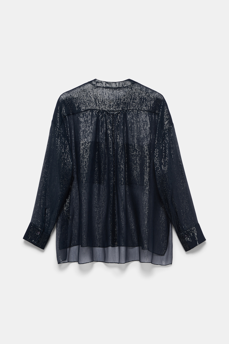 Dorothee Schumacher Boxy silk lamé chiffon blouse with pockets dark navy