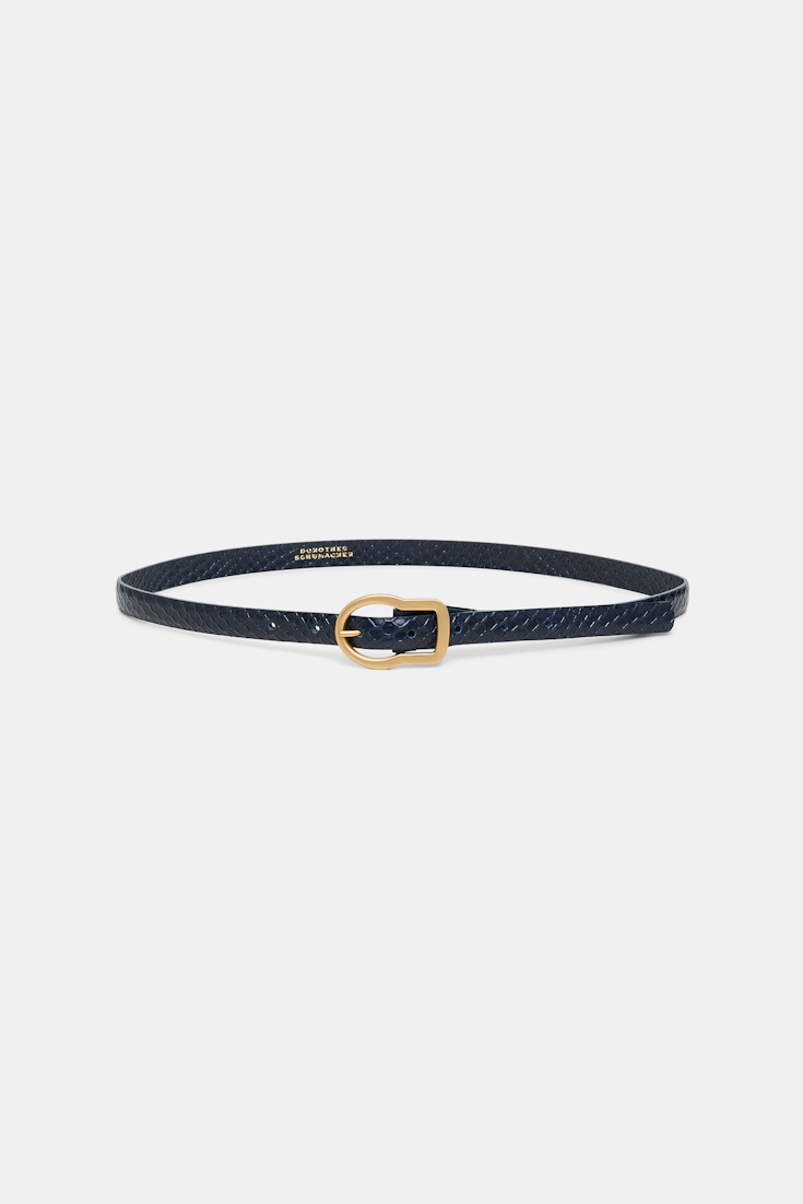 Dorothee Schumacher Thin embossed leather belt with signature buckle blue night