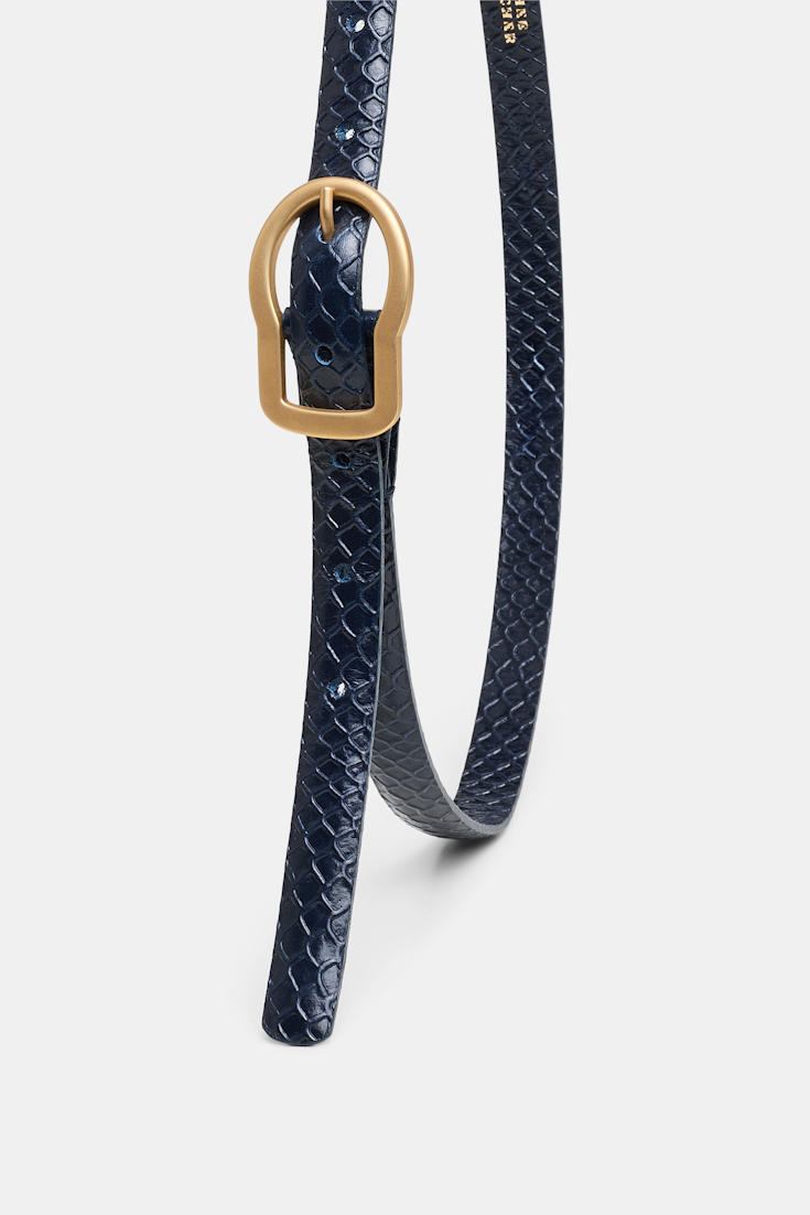 Dorothee Schumacher Thin embossed leather belt with signature buckle blue night