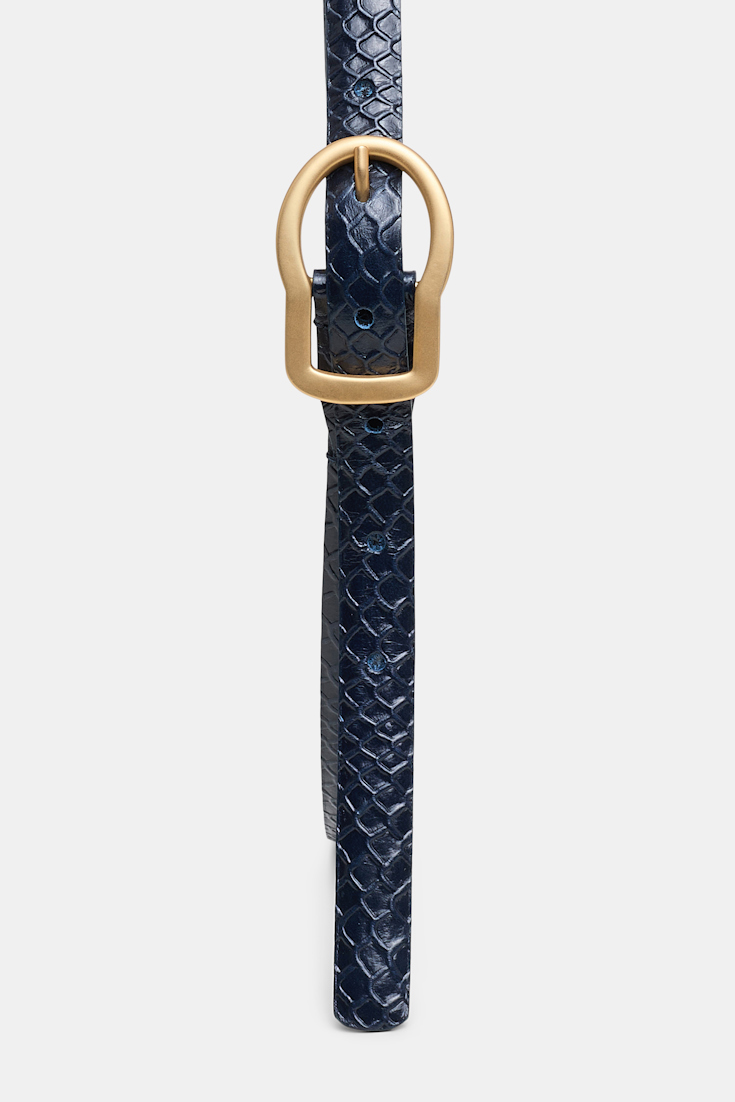 Dorothee Schumacher Thin embossed leather belt with signature buckle blue night