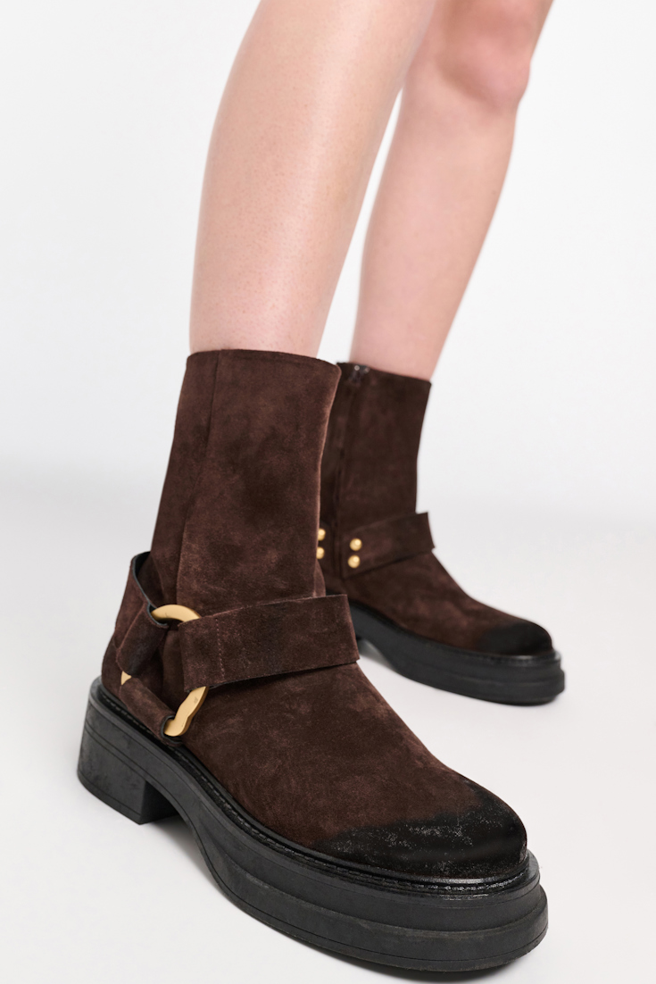 Dorothee Schumacher Short waxed suede combat boots with signature D-ring chocolate brown