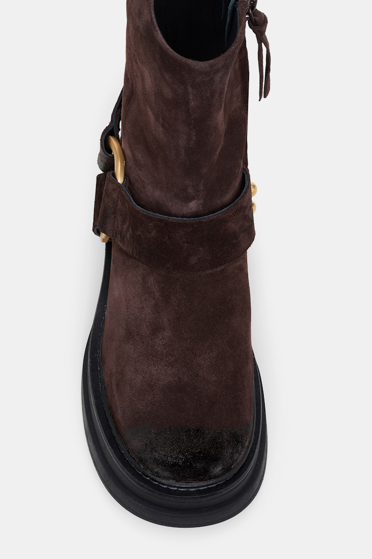 Dorothee Schumacher Short waxed suede combat boots with signature D-ring chocolate brown