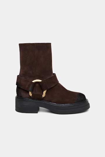 Dorothee Schumacher Short waxed suede combat boots with signature D-ring chocolate brown