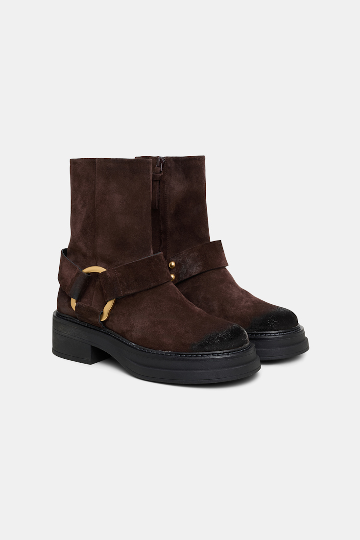 Dorothee Schumacher Short waxed suede combat boots with signature D-ring chocolate brown