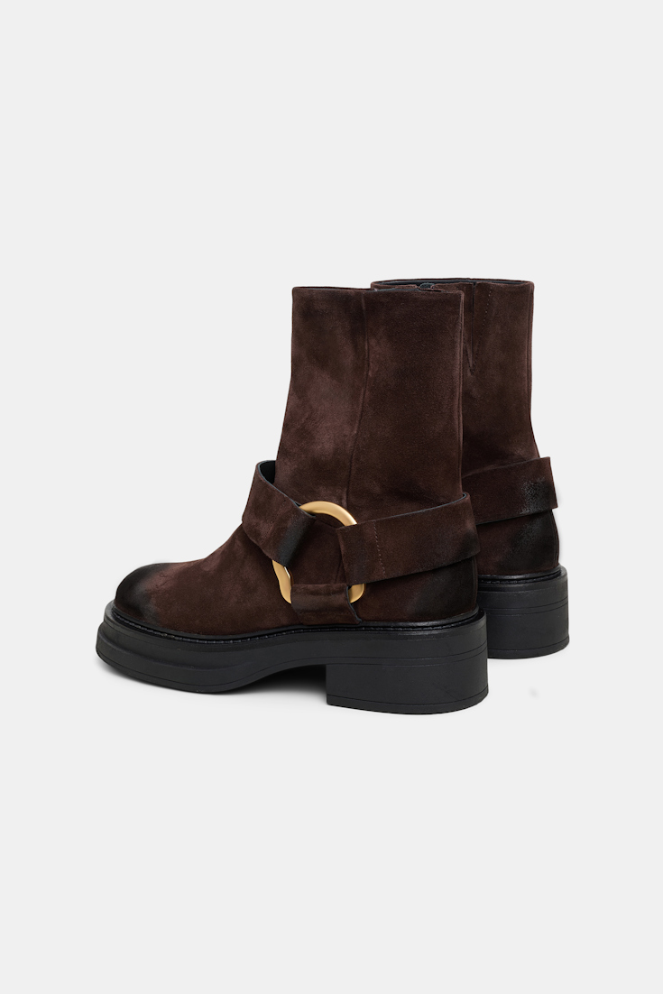 Dorothee Schumacher Short waxed suede combat boots with signature D-ring chocolate brown