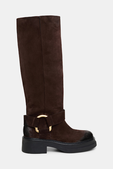 Dorothee Schumacher Hohe Combatboots aus gewachstem Wildleder mit Signature Ring-Detail chocolate brown