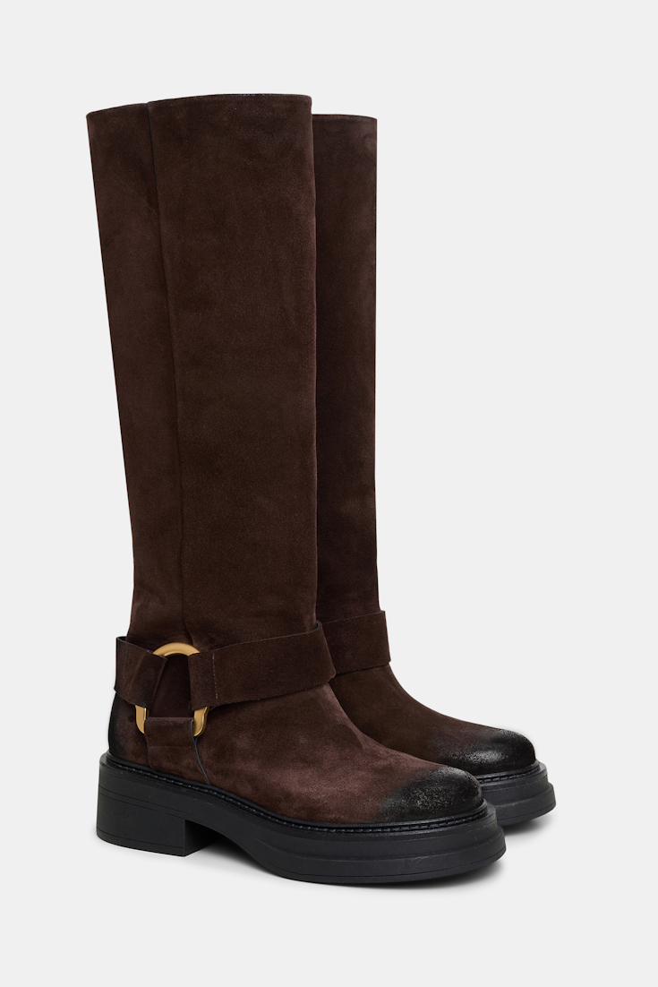 Dorothee Schumacher Hohe Combatboots aus gewachstem Wildleder mit Signature Ring-Detail chocolate brown
