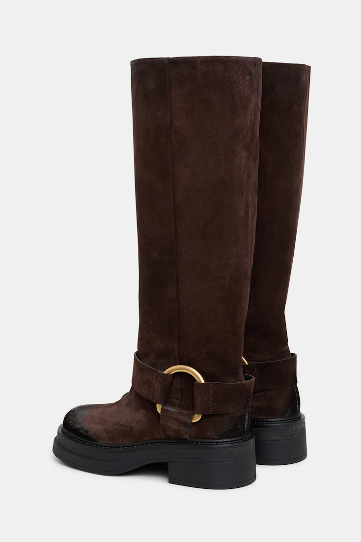 Dorothee Schumacher Hohe Combatboots aus gewachstem Wildleder mit Signature Ring-Detail chocolate brown
