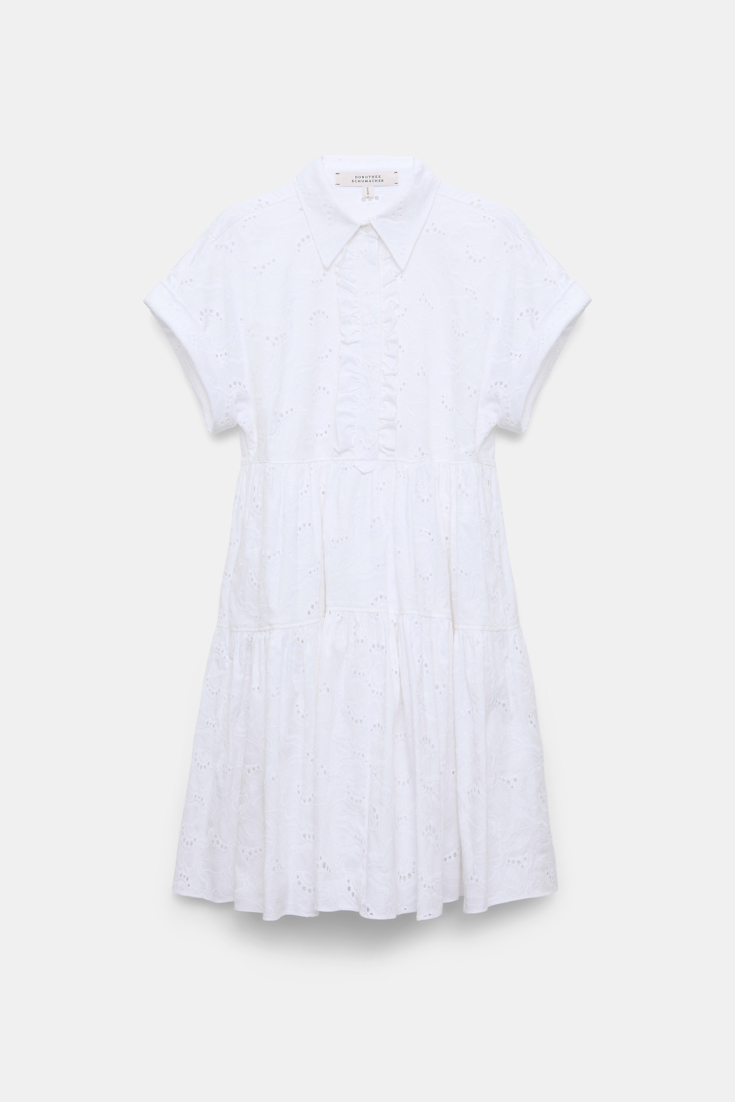 Dorothee Schumacher Kurzes Kleid aus Broderie Anglaise mit Rüschen-Details pure white