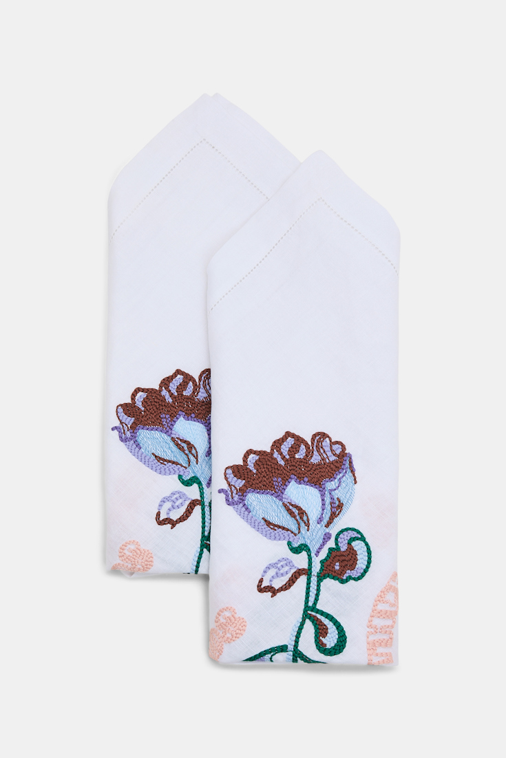 Dorothee Schumacher Bestickte Leinenserviette im 2er-Set mit "Friends of Dorothee" Wording wicked flower ebroidery blue