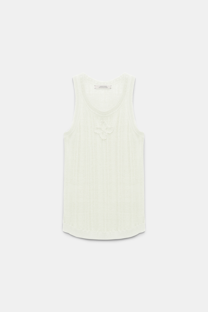 DOROTHEE SCHUMACHER LINEN BLEND RIBBED TANK TOP WITH D-ROSE EMBROIDERY 