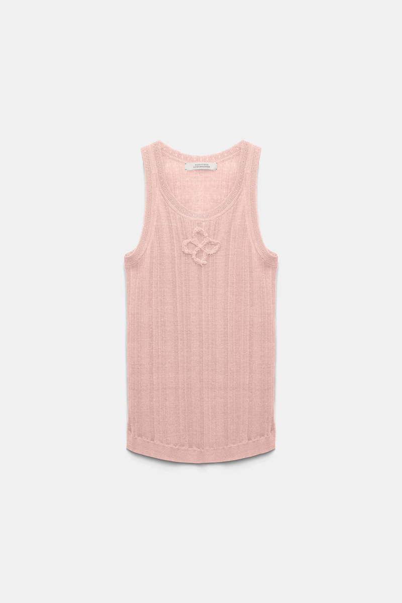DOROTHEE SCHUMACHER LINEN BLEND RIBBED TANK TOP WITH D-ROSE EMBROIDERY 