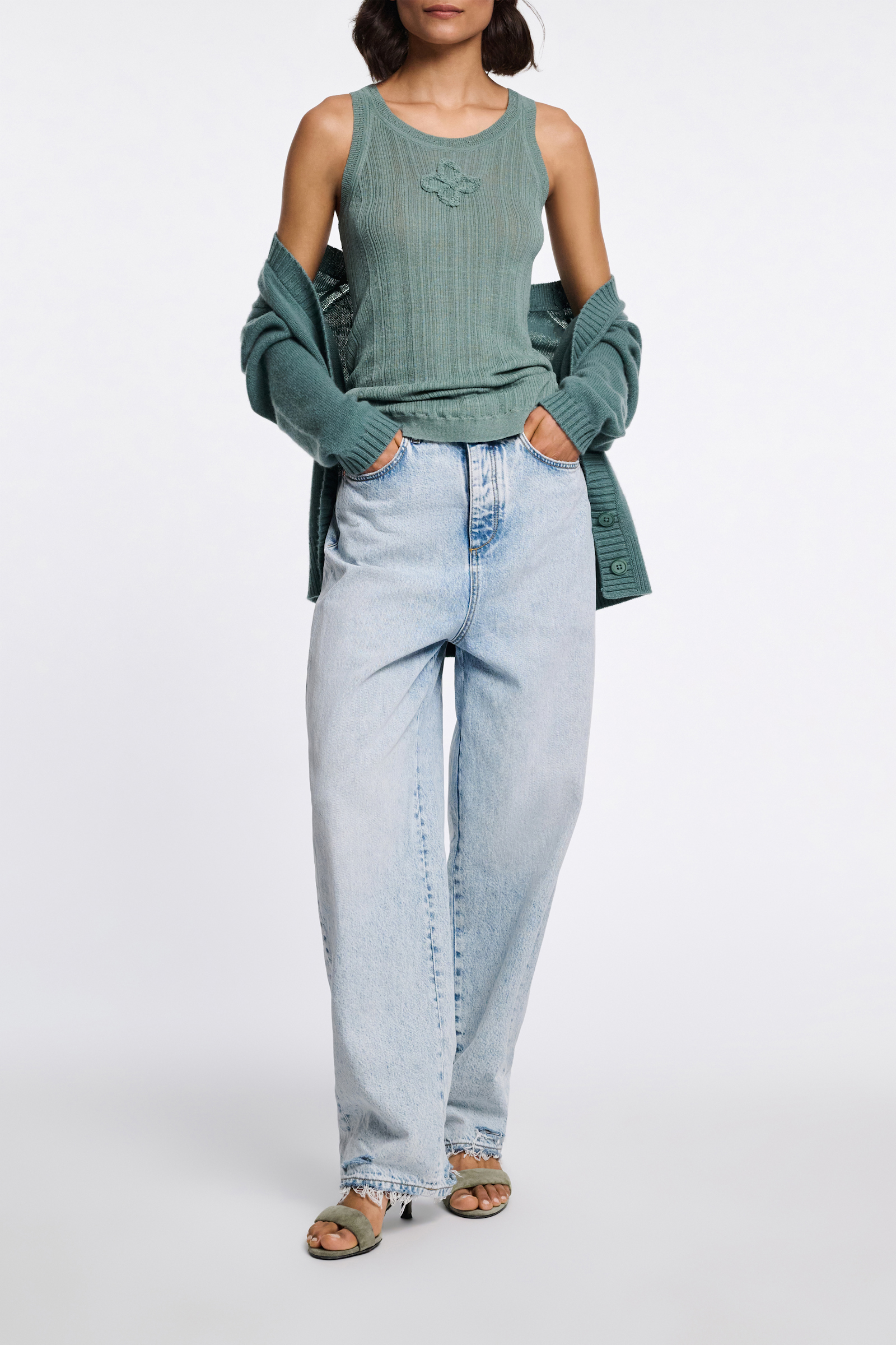 Dorothee Schumacher Linen blend ribbed tank top with D-rose embroidery jade
