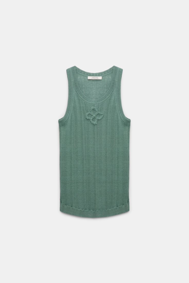 Dorothee Schumacher Linen blend ribbed tank top with D-rose embroidery jade