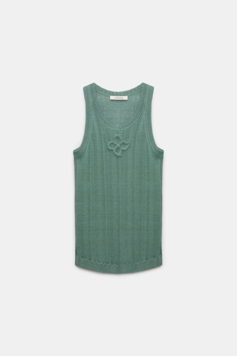 Shop Dorothee Schumacher Linen Blend Ribbed Tank Top With D-rose Embroidery In Green