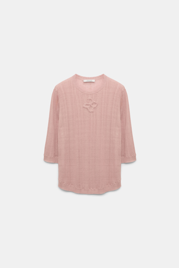 Dorothee Schumacher Linen blend ribbed top with D-rose embroidery milky rose