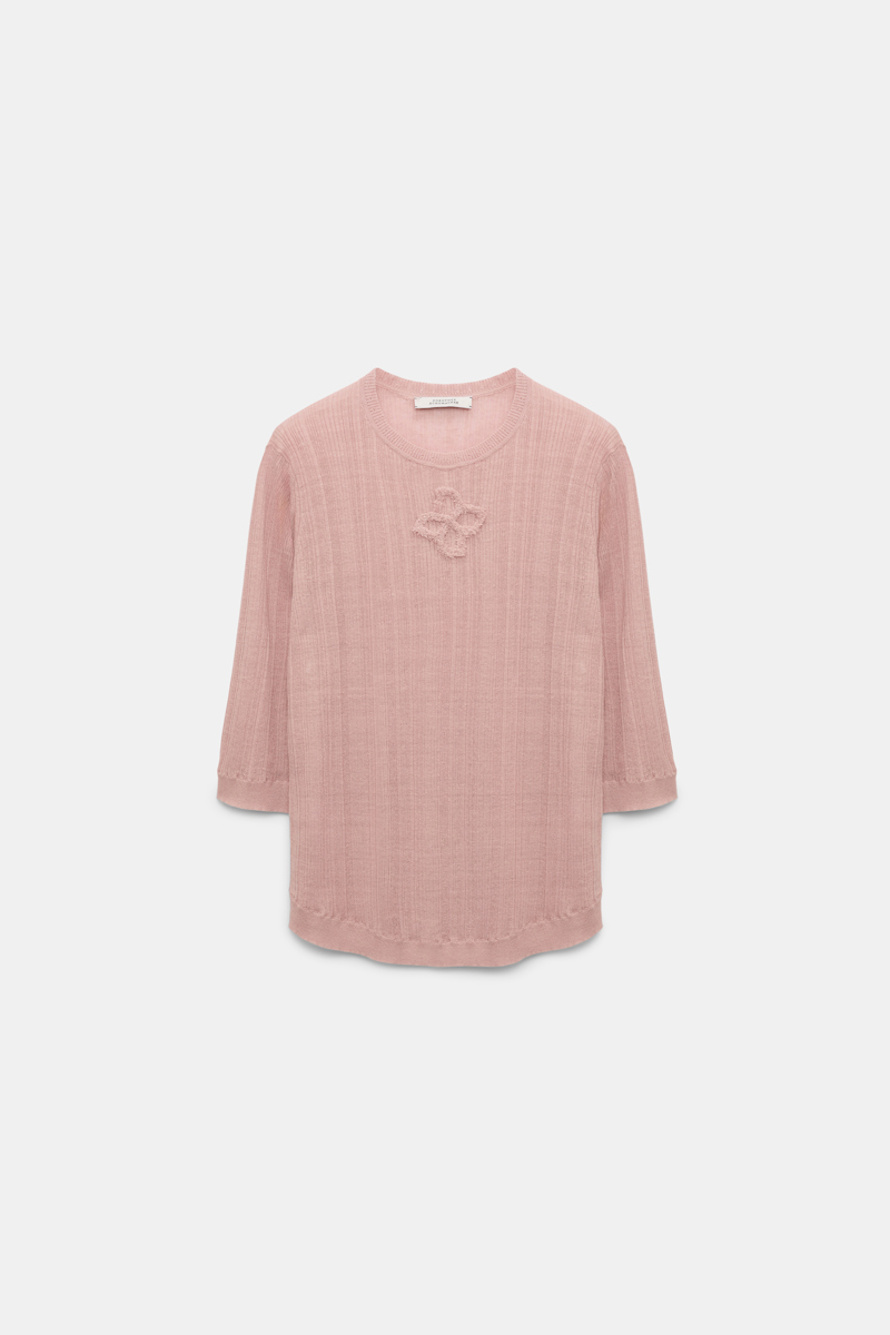 Dorothee Schumacher Linen Blend Ribbed Top With D-rose Embroidery In Light Pink