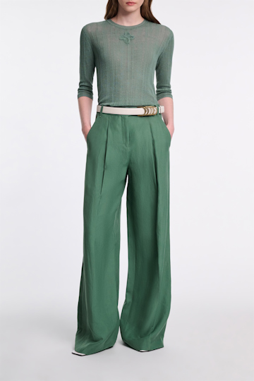 Dorothee Schumacher Linen blend ribbed top with D-rose embroidery jade