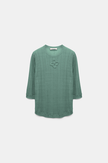 Dorothee Schumacher Linen blend ribbed top with D-rose embroidery jade