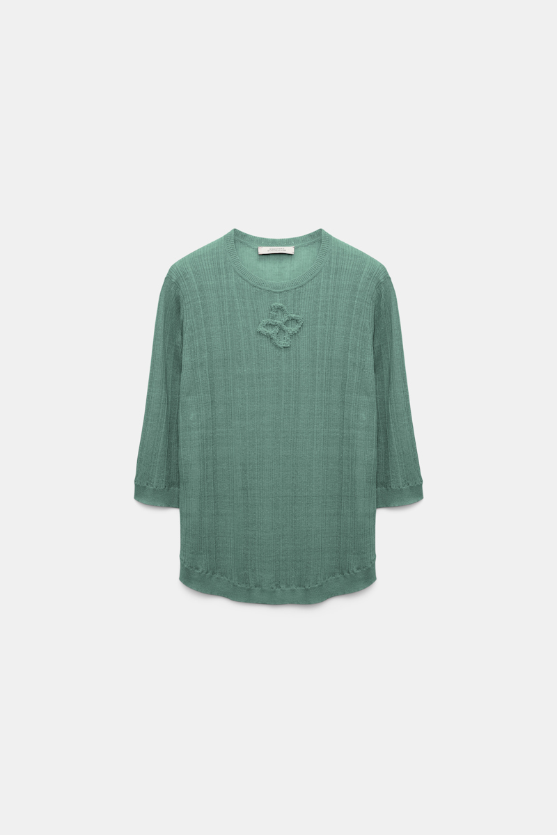 Dorothee Schumacher Linen Blend Ribbed Top With D-rose Embroidery In Green