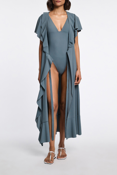 Dorothee Schumacher Wrap dress with ruffles dark jade