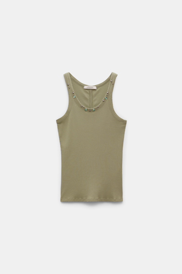 Dorothee Schumacher Embellished ribbed cotton tank top shadow green