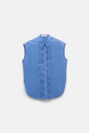 Dorothee Schumacher Sleeveless cotton poplin shirt with lace azure blue