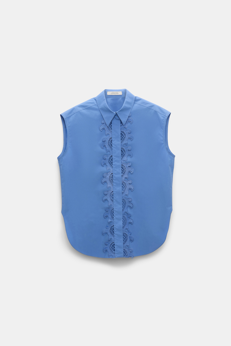 Dorothee Schumacher Sleeveless cotton poplin shirt with lace azure blue